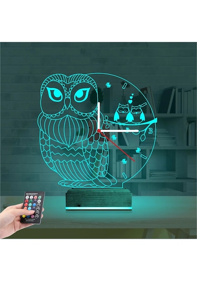 Luvivia Baykuş Tasarım Saatli 3d Lamba - Masa Gece Lambası Şeffaf