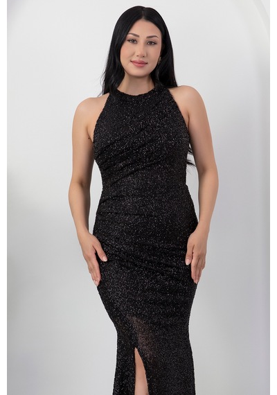 Kalopya Halter Yaka Yırtmaçlı Boncuklu Elbise 41099 Siyah