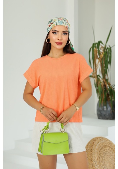 Lupinn Moda Kadın Turuncu Basic Kısa Kollu Yuvarlak Yaka Yazlık Rahat Fit Bluz - Üst - T-shirt Turuncu