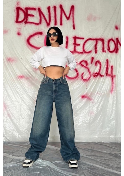 Hazego Lacivert Geniş Paça Jeans Pantolon Lacivert