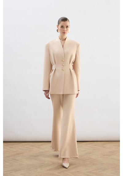 Sateen Gold Düğmeli Uzun Ceket - Bej-136771 Bej