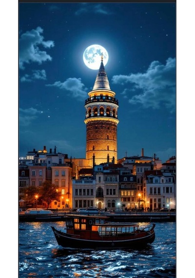 Galata Kulesi Ve Dolunay İstanbul Un Büyüsü Cam Tablo Gece Işıltısı Temalı