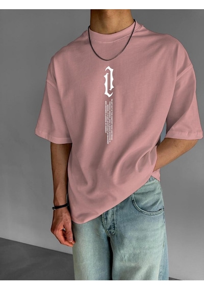 Dik Yazı Baskılı Oversize Tişört Pembe