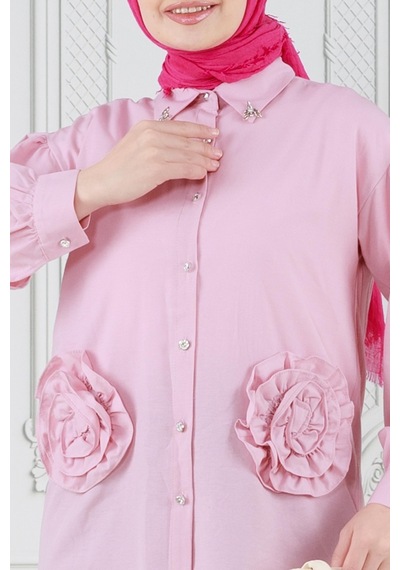 Sevitli Önü Gül Detaylı Tunik-pembe-3635-pembe Pembe