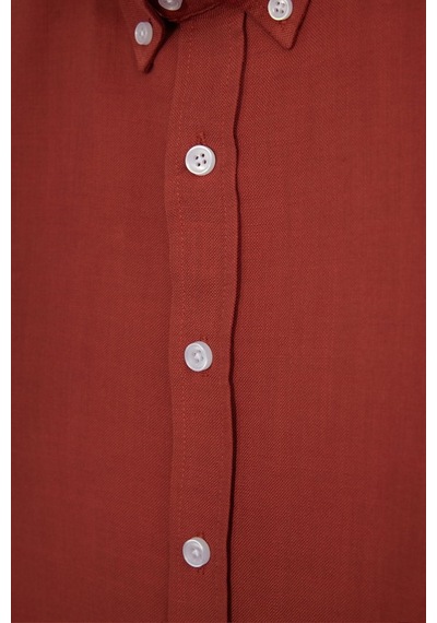 Tudors Erkek Slim Fit Dar Kesim %100 Pamuk Düğmeli Yaka Flam Keten Turuncu Gömlek-50275