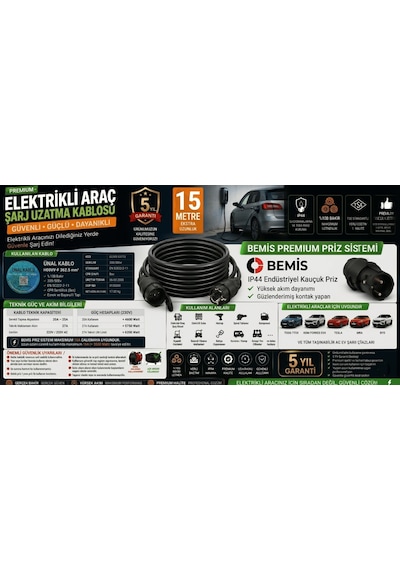 Elektrikli Araçlar Ve Yüksek Güç Çeken Cihazlar İçin 3x2,5mm Ttr Bakır Premium 15mt Uzatma Kablosu Ip44 Onaylı-