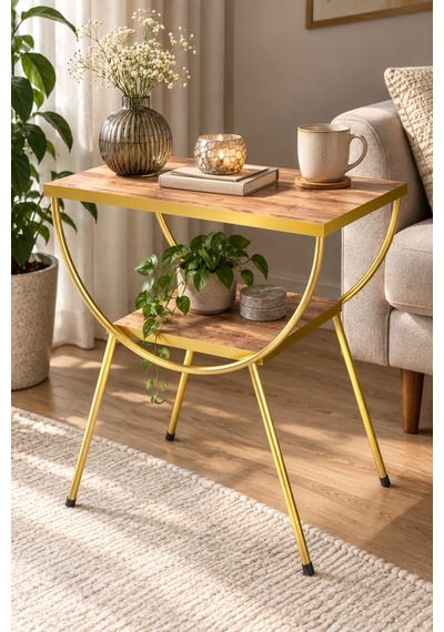 Sulorahome Ceviz Desenli Gold Metal Yan Sehpa Ve Komodin