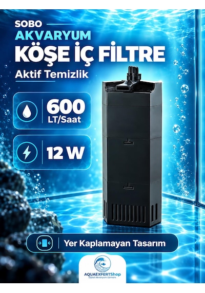 Sobo Akvaryum Köşe İç Filtre - Aktif Temizlik - 600 Lt/saat - 12w - Yer Kaplamayan Tasarım - Siyah