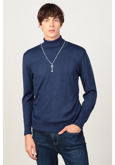 Tudors Slim Fit Dar Kesim Tam Boğazlı Yaka Düz Yün Erkek Kazak-25696 Saks