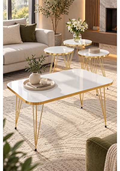 Sulorahome 4'lü Sehpa Seti Beyaz Tablalı Ve Gold Metal Ayaklı Beyaz - Altın