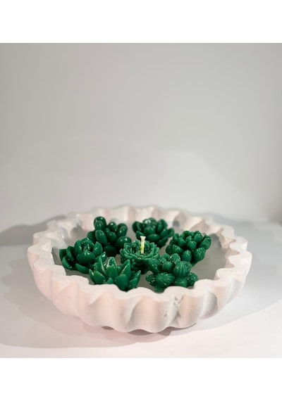 Green Lotus-el Yapımı Sukulent Mum Dekoratif Kase Beyaz-yeşil