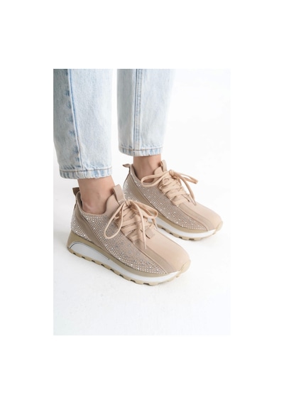 Alya Bağcıklı Ortopedik Taban Taşlı Kadın Sneaker Spor Ayakkabı Bt - Krem Krem