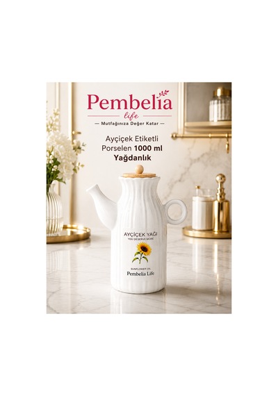 Ayçiçek Etiketli Porselen 1000 Ml Yağdanlık Yağlık Beyaz Beyaz