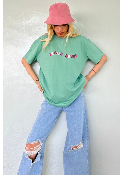 Mint Yeşili Baskılı Oversize Tişört Mg1517