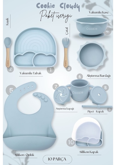 Kiwi Cloudy 11 Parça Full Silikon Bebek Beslenme Seti: Güvenli, Esnek, Bpa / Pvc İçermez, %100 Doğal