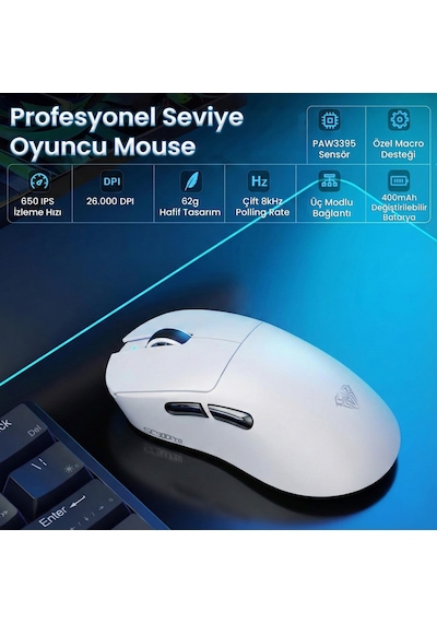 Aula Sc900 Pro Paw3395 Sensör 26000 Dpı 8000hz Kablolu Ve Kablosuz Gaming Oyuncu Mouse Beyaz Sc900-wt