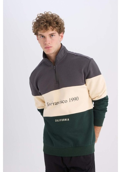DeFacto Relax Fit Dik Yaka Fermuarlı Baskılı Kalın Sweatshirt D2562AX24AUAR63