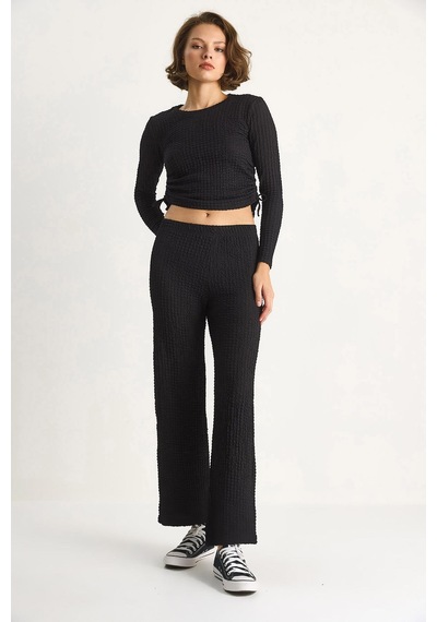 Shade Kadın Yanları Bağlamalı Crop Beli Lastikli Yüksek Bel Pantolonlu Bürümcük Takım 8075 60284110 - Siyah
