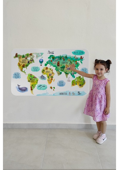 Eğitici Dünya Haritası Dünya Atlası Çocuk Ve Bebek Odası Duvar Sticker -60x105-3807 Çok Renkli