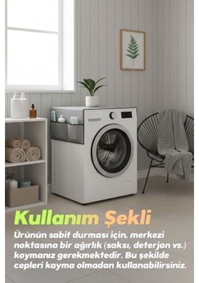 Palm Design Çamaşır Makinesi Koruyucu Örtü 4 Cepli Banyo Düzenleyici Organizer Su Geçirmez Örtü Gri 1000'li Set