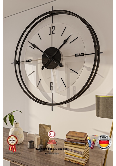 MetaQuartz Aksesuar Deluxe Şeffaf Cam İskandinav Çiftçember Camlı Duvar Saati Siyah 55 x 55 CM