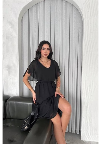 Dipmoda Kadın Kuşaklı Midi Boy Şifon Elbise Dpnbk4116 Siyah