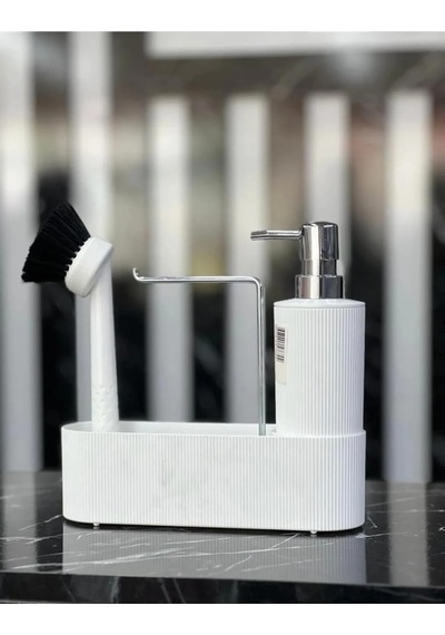 3'lü Krom Kapaklı Beyaz Plastik Deterjanlık Fırçalı Mutfak Banyo Temizlik Seti Düzenleyici Mıt1177 Çok Renkli
