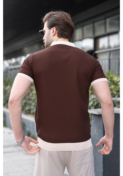Madmext Kahverengi Polo Yaka Triko Erkek Tişört E7464 Kahverengi