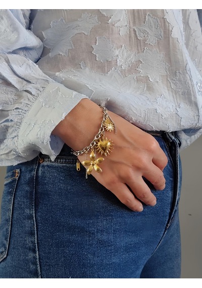 Çiçek Kalp Güneş Çocuk Charmlı Halat Zincir Model Bileklik Gold