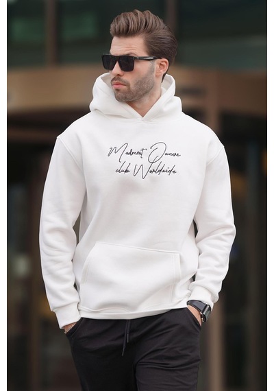 Madmext Ekru Kapüşonlu Cep Detaylı Baskılı Erkek Sweatshirt 7064-ekru Ekru