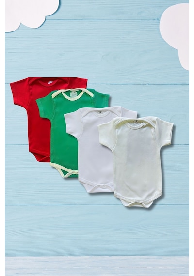 Betül Bebek Kısa Kollu 4'lü Organik Pamuk Çıtçıtlı Bebek Body & Zıbın Kırmızı,beyaz,ekru,yeşil Çok Renkli