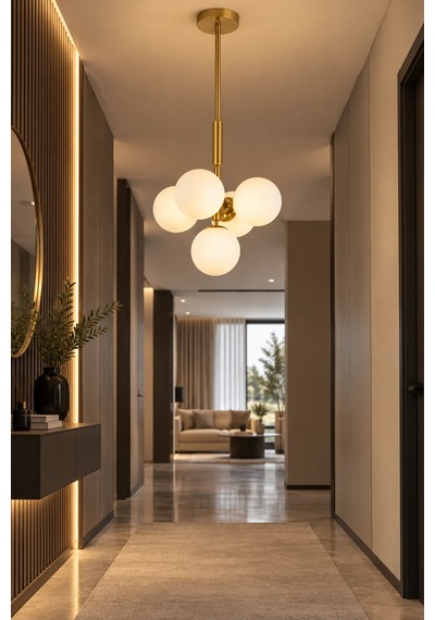 Modern Premium Gold 5'li Opal Küre Sarkıt Avize Gold Gövde Dekoratif Salon Avizesi 5xe14 Beyaz