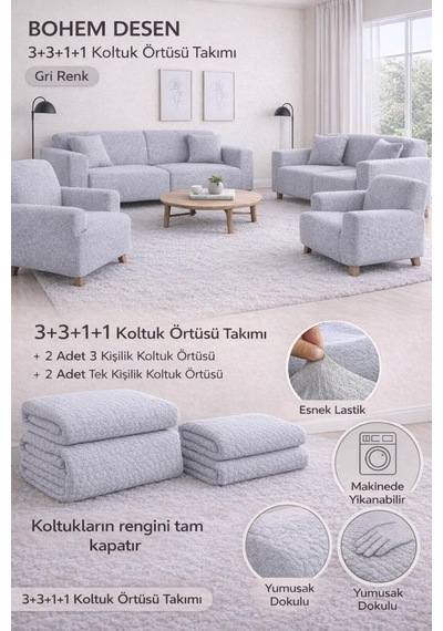 Bohem Desen Krem Lastikli Koltuk Örtüsü 3+3+1+1 Takımı Esnek Lastikli Koltuk Örtüsü Koltuk Kılıfı Gri 180 X 2 Çok Renkli