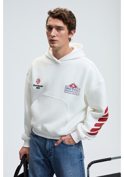 Grimelange ABISMO Erkek Kapüşonlu Kanguru Cepli Kolları ve Sırtı Baskılı Relaxed Fit Beyaz Sweatshirt