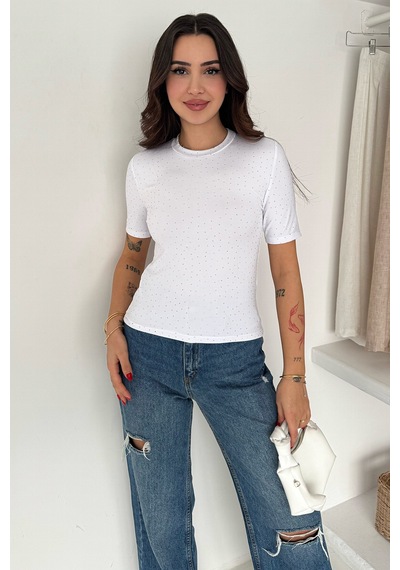 Noa & Noa Kadın Taş Detaylı Kısa Kollu T-shirt Beige Spark Beyaz
