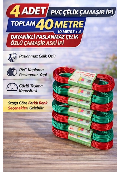 4 Adet Pvc Çelik Çamaşır İpi 10 Metre Dayanıklı Çelik Özlü Çamaşır Askı İpi Toplam 40 Metre Çok Renkli