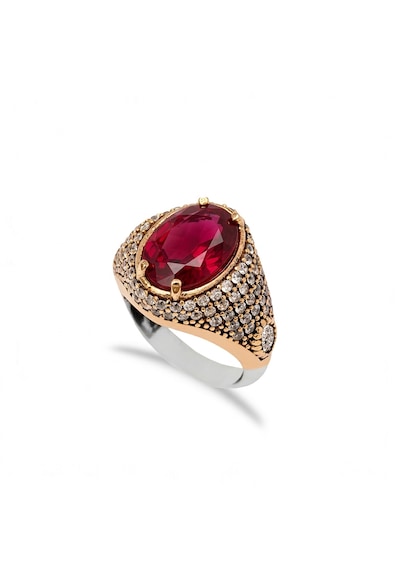 925 Ayar Gümüş Oval Kırmızı Taşlı Otantik Yüzük Bronz
