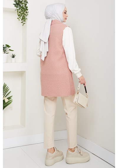 Kapak Cepli Düğmeli Yelek 1649 - Pudra Pudra