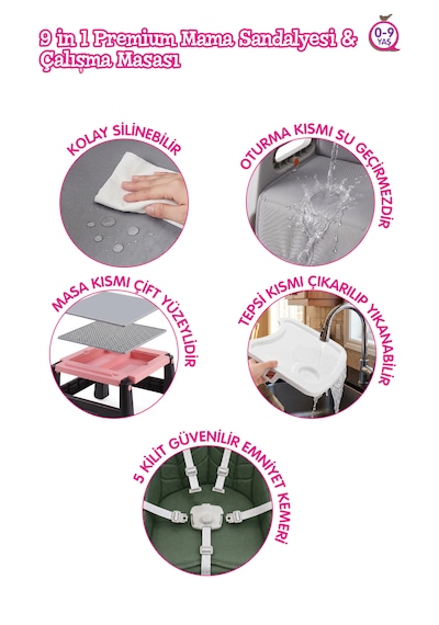 9'u 1 Arada Dönüşebilen Mama Sandalyesi Ve Aktivite Masası - Pembe