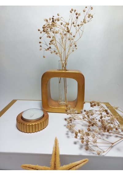 Minimal Vazo, Cam Tüplü Kare Model Dekoratif Vazo Gold