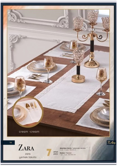 Cekihome Zara Yemek Takımı 10 Parça 8 Kişilik Krem-gold Supla Runner Lüks Şık Masa Takımı