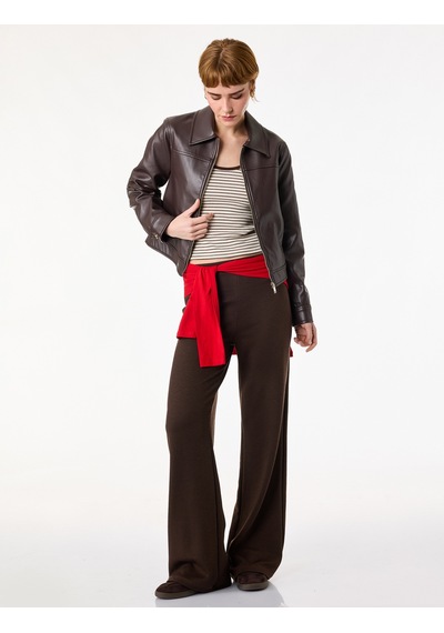 Koton Slim Fit Normal Bel Geniş Paça Pantolon Kahverengi 6sal40076ık Kahve