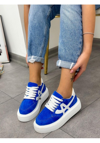 Erva'nın Butiği Mavi Beyaz Tig Kadın Bağcıklı Sneakers-4892 Mavi Beyaz Süet