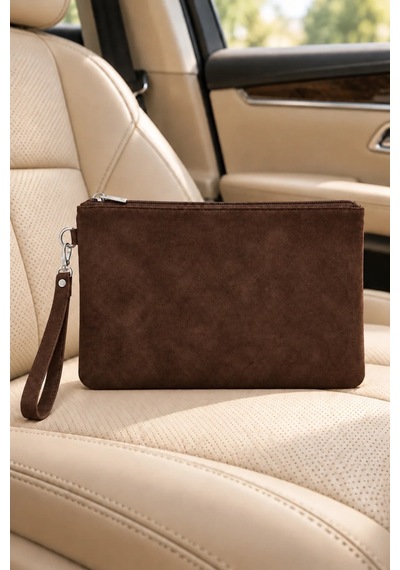 Adelina Bags Süet Portföy El Çantası Bilek Askılı Astarlı Acı Kahverengi Clutch Çanta Kahve