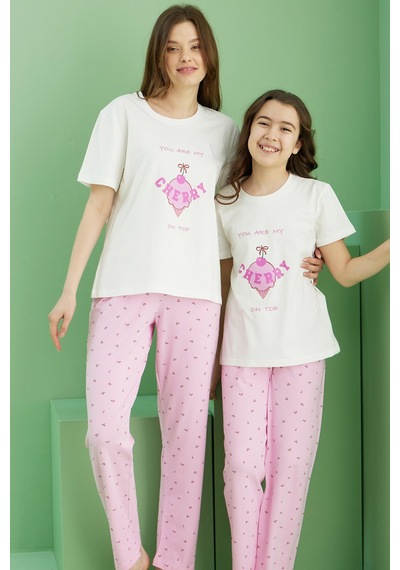 Siyah İnci Pamuklu Bisiklet Yaka Örme Pijama Takım25117085 Ekru