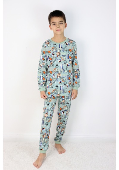 Harika Kids Erkek Çocuk Baskılı İnterlok Kumaş Uzun Kollu Pijama Takımı Yeşil