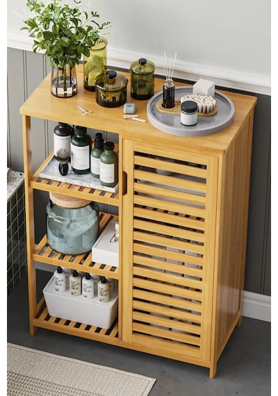 Digithome Bambu Masif 3 Raflı Tek Kapaklı Çok Amaçlı Düzenleyici Organizer Dolap Db-0005 Kahverengi