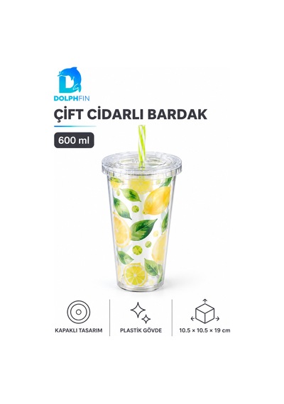 Büyük Çift Cidarlı Pipetli Bardak 600 Ml Desenli Kapaklı Plastik İçecek Bardağı Çok Renkli