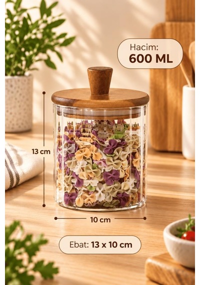 Atbyhome Akasya Ahşap Kapaklı Çizgili Cam Kavanoz 600 Ml - Vakumlu Erzak Ve Baharat Kabı