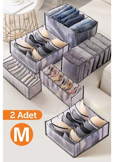 2 Adet - 11 Gözlü Şeffaf Çekmece Içi Düzenleyici Organizer Medium Kumaş Gri Diğer